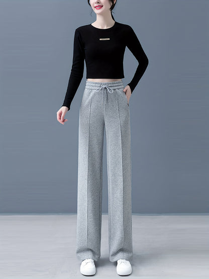 Women's High-Waist Straight-Leg Pants in Solid Color - Comfortable Polyester, Machine Washable, Casual Wide-Leg Design for All Seasons NEXTRENDBAHRAIN