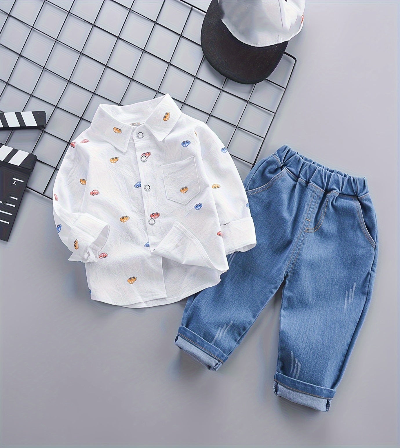 Baby Boy's 2Pcs Cartoon Cars Button Down Shirt & Elastic Pants Set, Toddler Cotton Spring Fall Outfit - NEXTRENDBAHRAIN