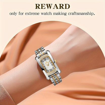 Elegant Golden-Tone Women's Watch - Luxury Retro Rectangle Design with Rhinestone Accents, Stainless Steel Band, Japanese Quartz Movement - NEXTRENDBAHRAIN