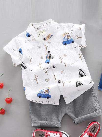 2pcs Baby Infant Boys Cute Cartoon Graphic Print Short Sleeve Shirt & Shorts Set Clothes - NEXTRENDBAHRAIN