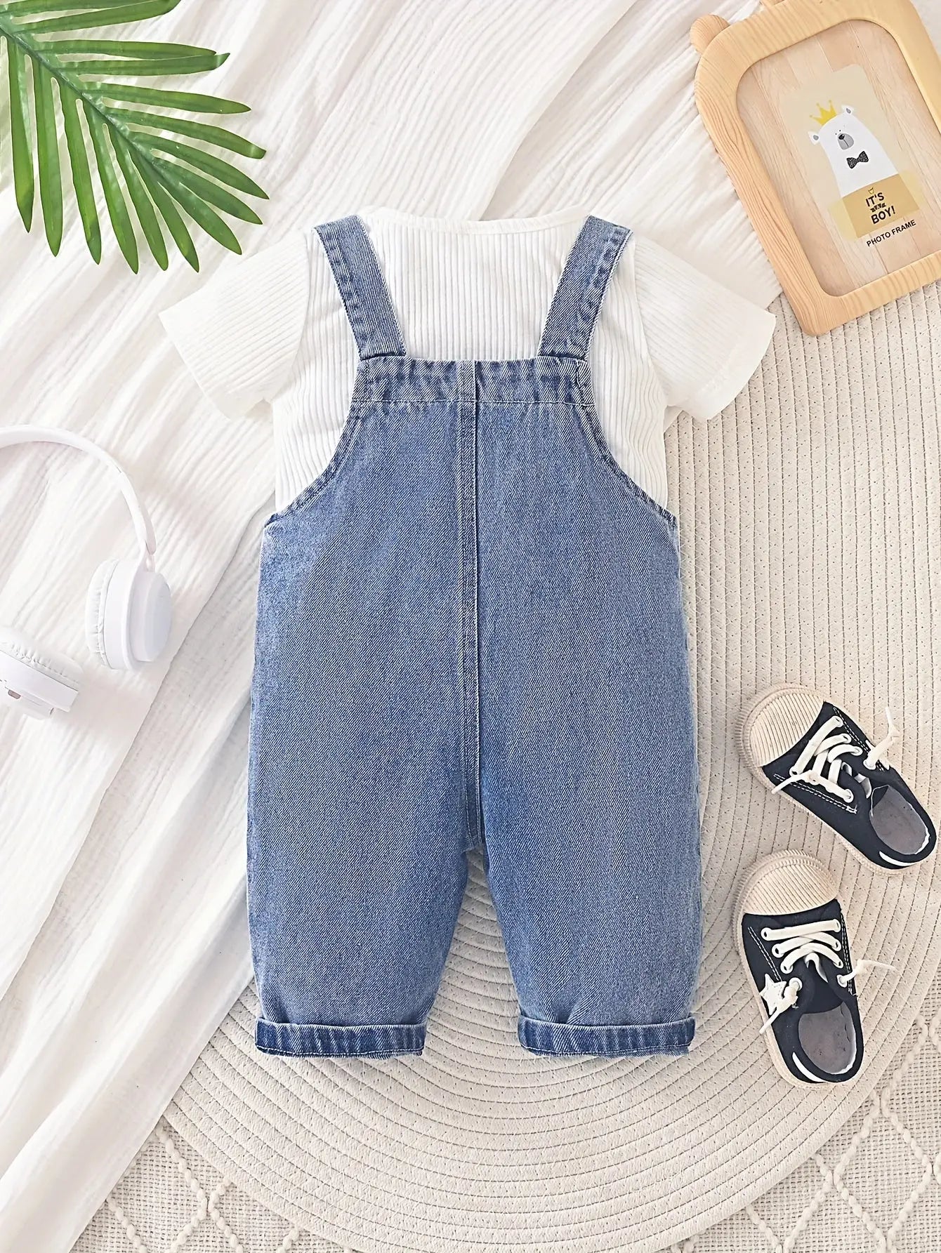 2pcs Baby's Bear Print Denim Overalls & Casual Ribbed Short-sleeve Top, Toddler & Infant Boy's Clothing Set For Spring Summer - NEXTRENDBAHRAIN