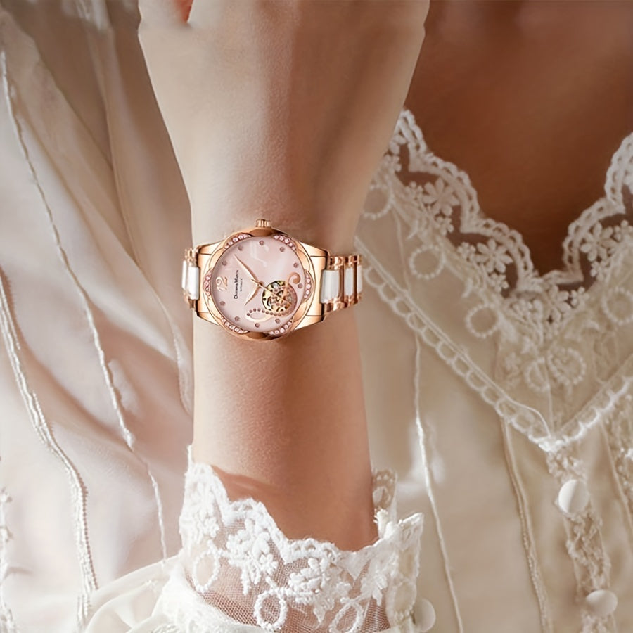 A rose Golden white women's alloy elegant casual style hollowed out mechanical watch - NEXTRENDBAHRAIN