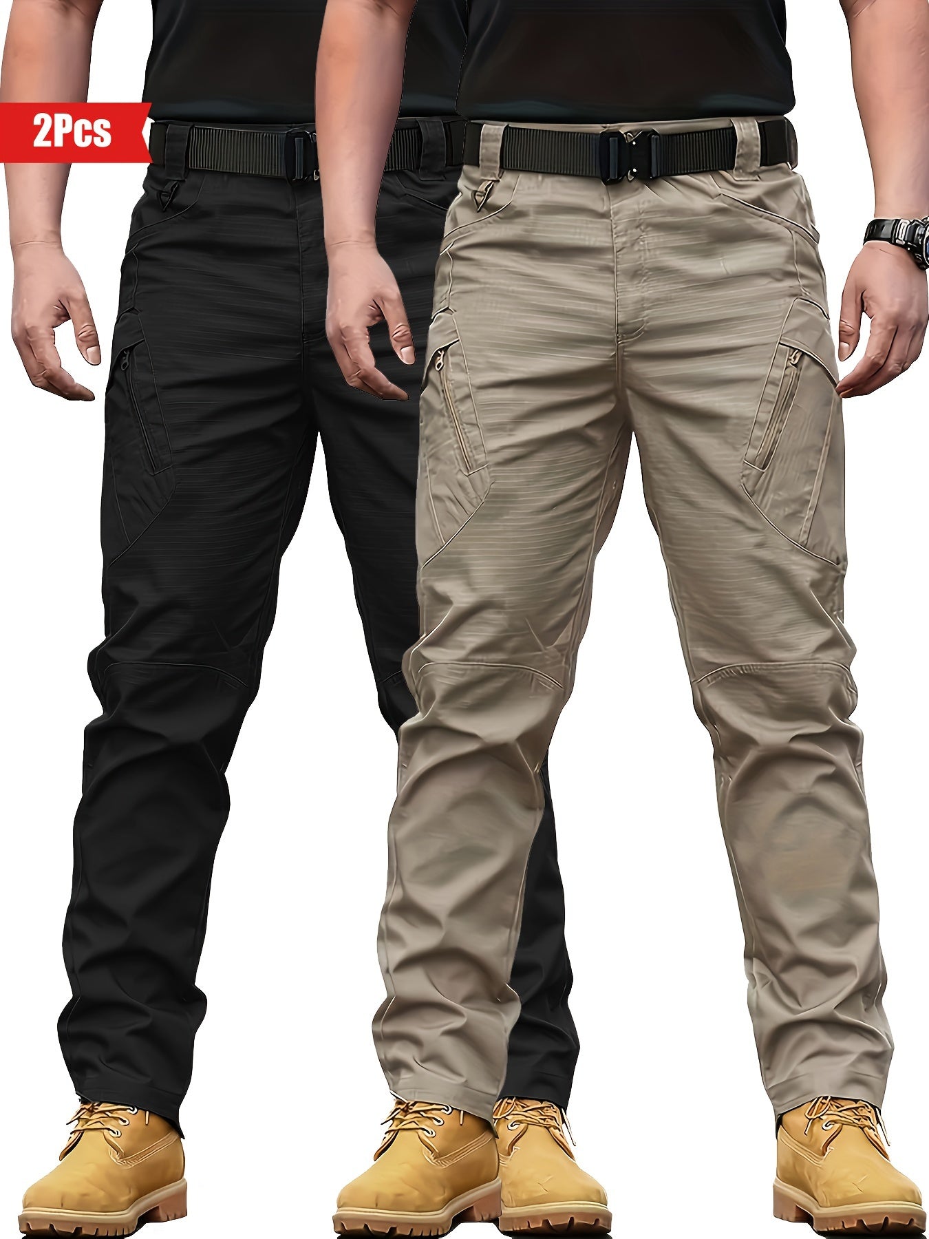 2pcs Men's Tactical Cargo Pants - Water-Resistant, Durable Polyester with Multi-Pocket Design for Outdoor Activities, Perfect for Spring & Fall NEXTRENDBAHRAIN