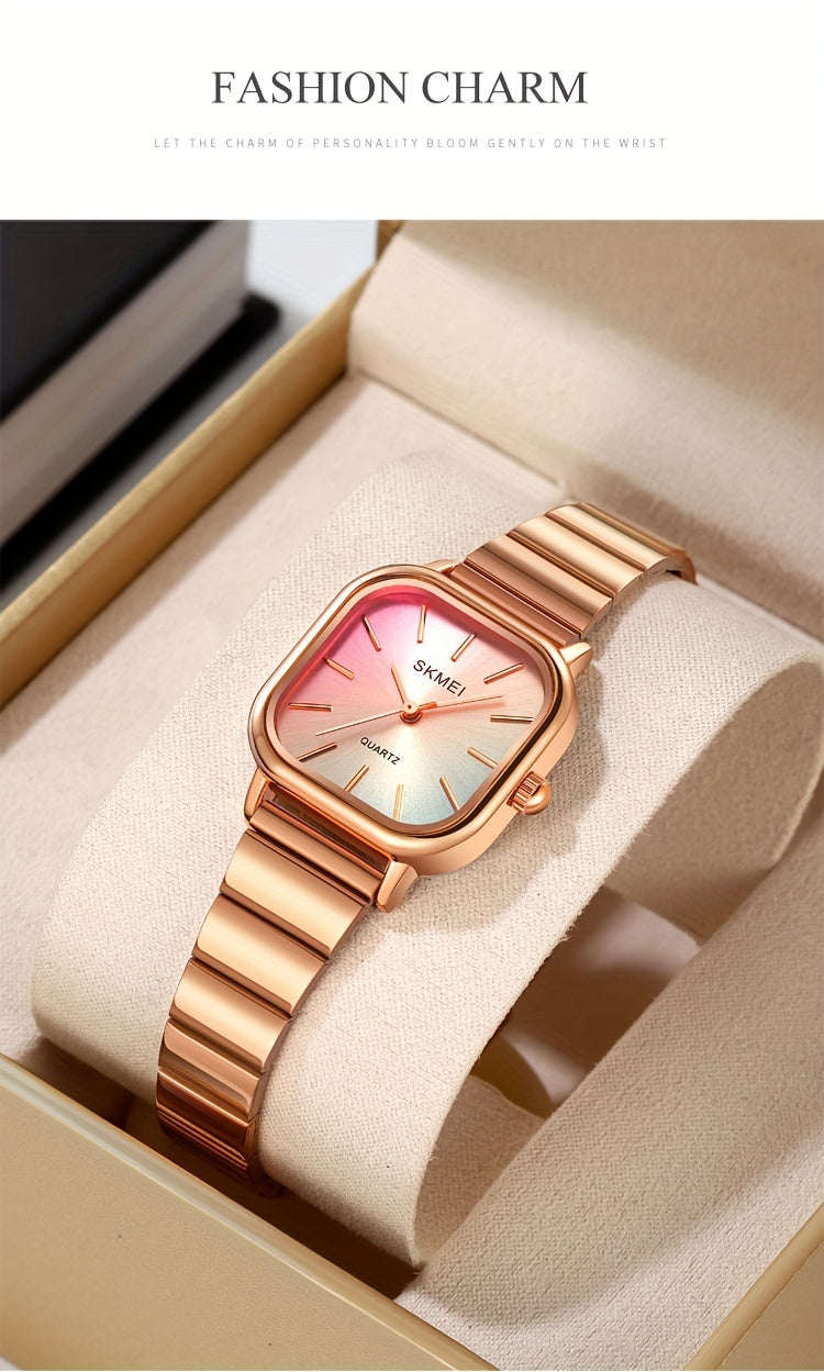 Women's Watch Fashion Square Pointer Quartz Watch Color Block Dial Analog WR Stainless Steel Wrist Watch - NEXTRENDBAHRAIN