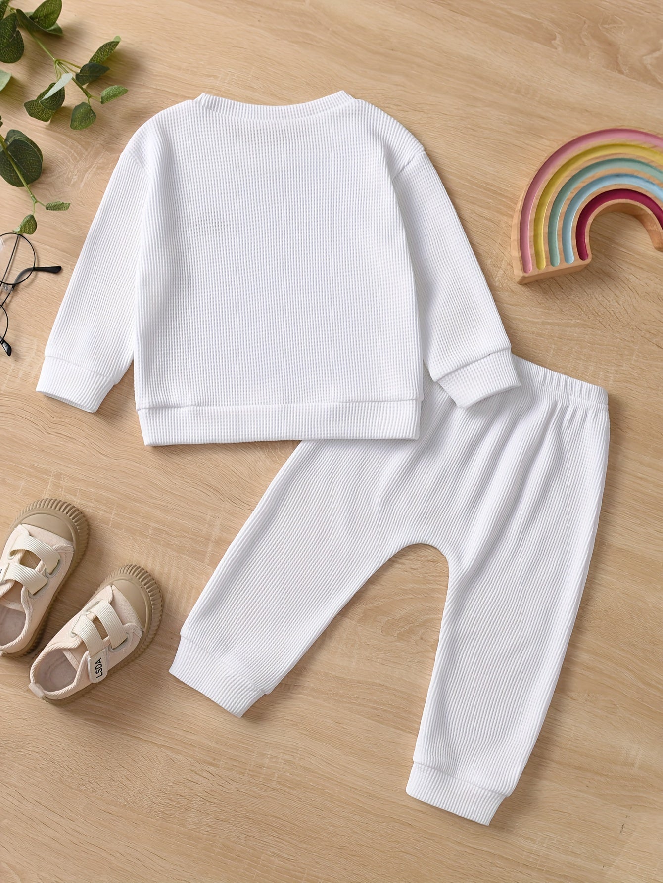 2pcs Baby Boys Rainbow Embroidered Waffle Textured Cotton Set, Sweatshirt & Pants, Baby Boy's Clothing, As Gift - NEXTRENDBAHRAIN