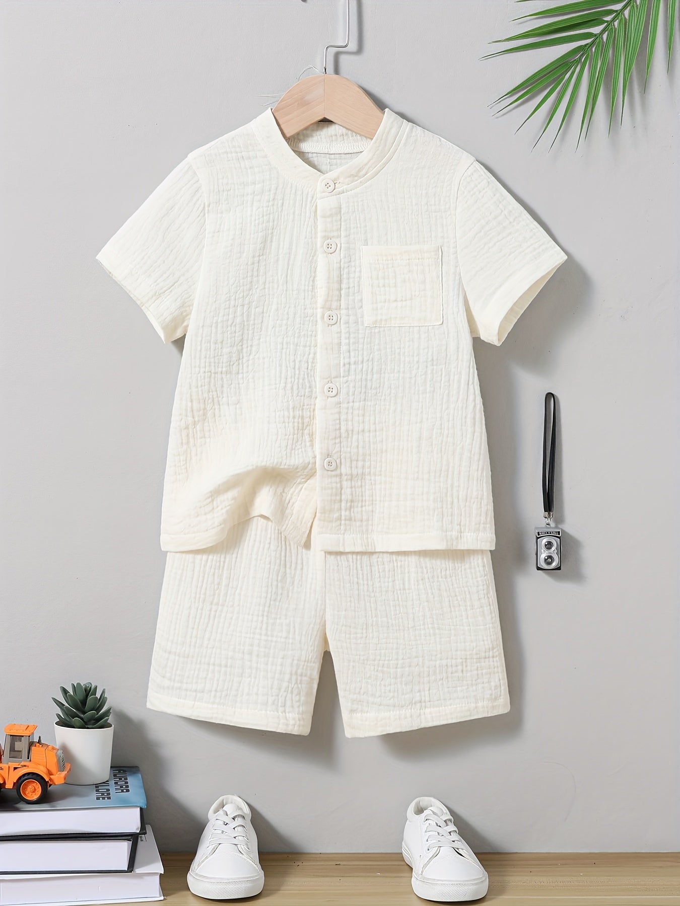 2pcs Boy's Breathable Summer Outfit, Trendy Woven Shirt & Comfy Shorts Set, Kids Clothing - NEXTRENDBAHRAIN