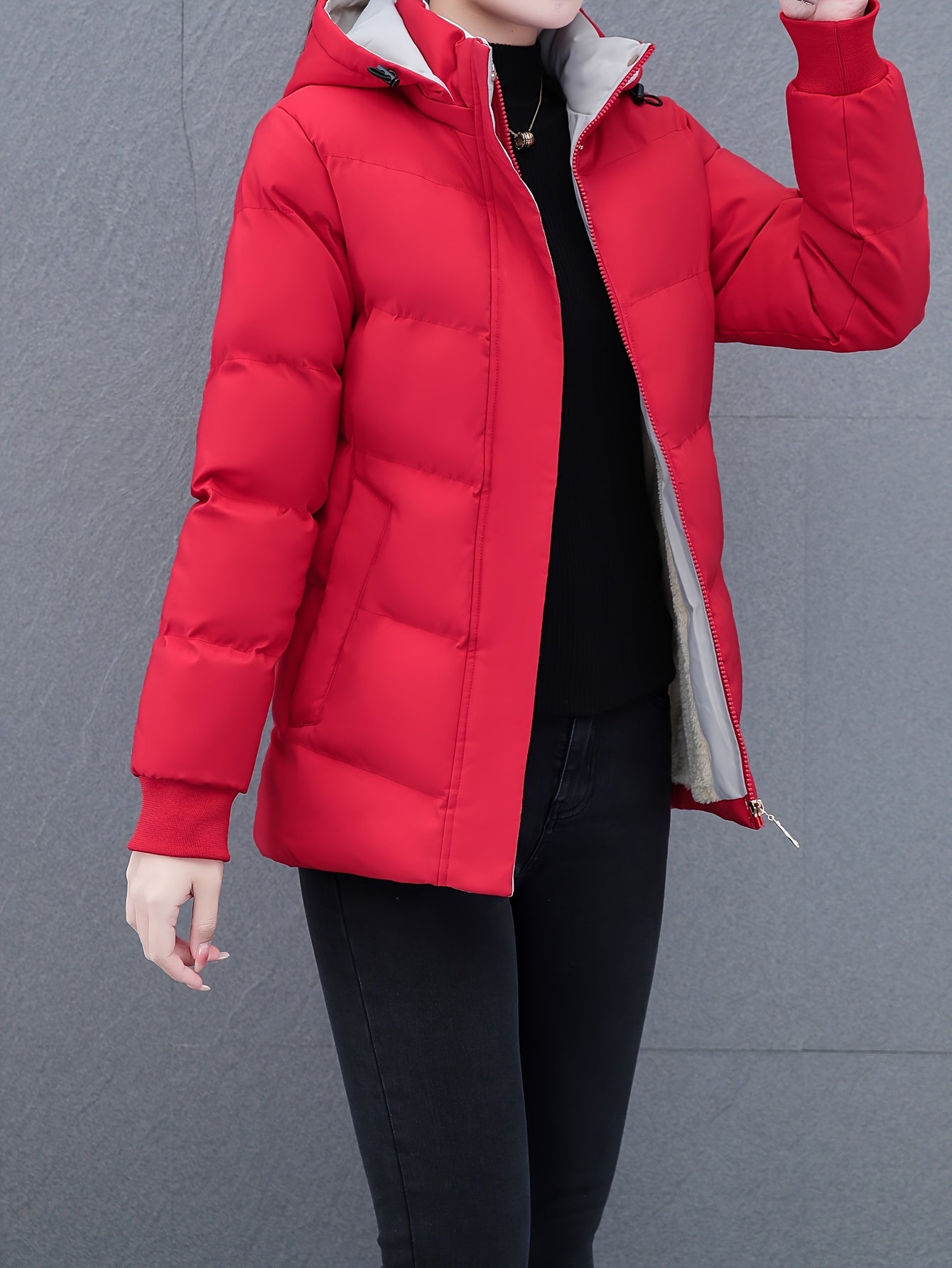 Women'S Puffer Coat, Autumn/Winter Warm Thickened Cotton Jacket, Hooded Sports Style, Solid Color, Zippered, Non-Stretch Fabric, Outdoor Casual Jacket, Polyester (Poly) Material, Woven Knit NEXTRENDBAHRAIN