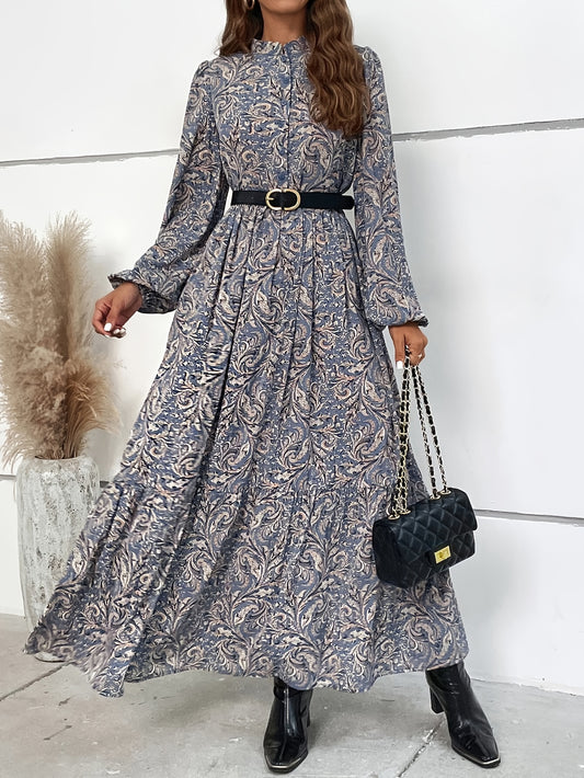 Allover Print Button Front Beltless Dress, Elegant Lantern Sleeve Flowy Dress For Spring & Fall, Women's Clothing - NEXTRENDBAHRAIN