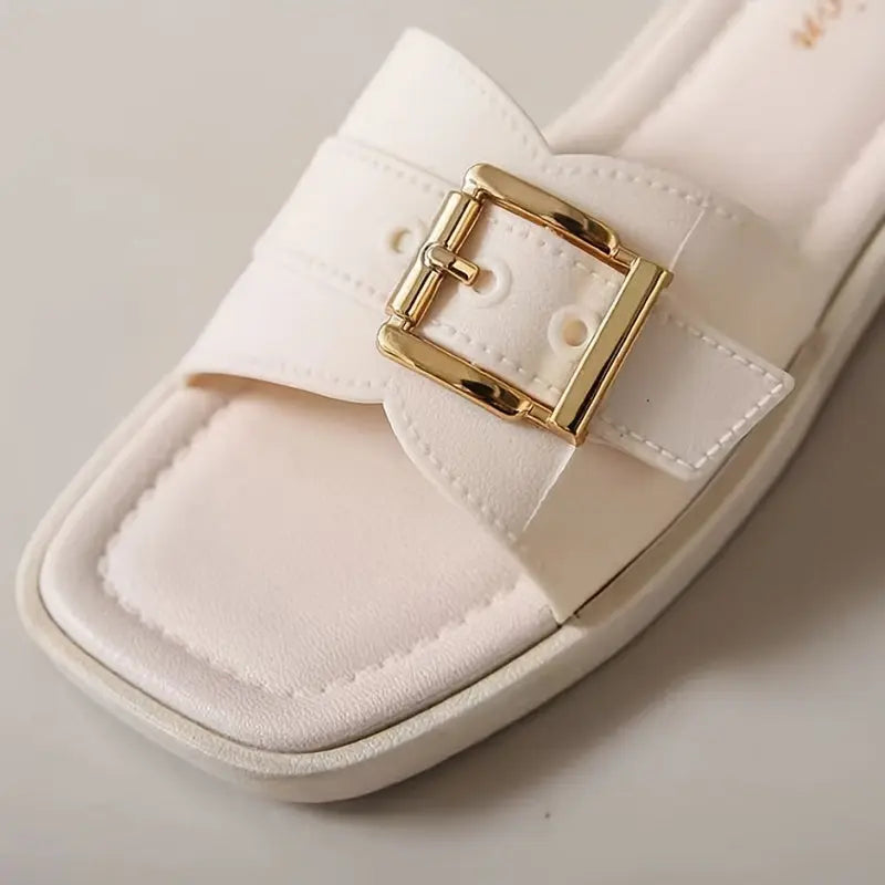 Women's Solid Color Slide Sandals, Casual Square Open Toe Flat Summer Shoes, Lightweight Buckle Strap Design Slide Sandals - NEXTRENDBAHRAIN