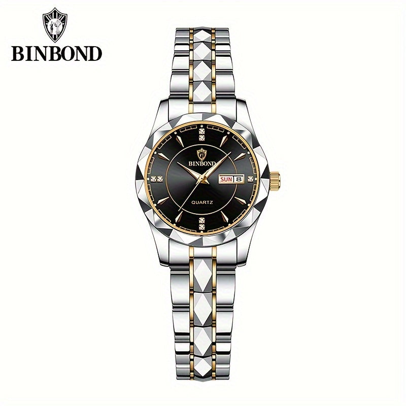 BINBOND Women's Dial Cutting Watch Luxury Rhinestone Quartz Watch Retro Fashion Luminous Analog WR Stainless Steel Wrist Watch - NEXTRENDBAHRAIN