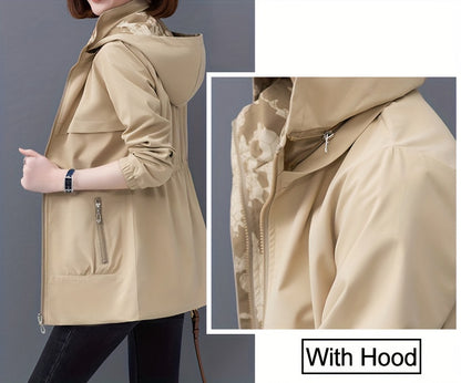 Casual Long Sleeve Drawstring Waist Hooded Zip Up Outdoor Jackets For Women, Two-sided Wear Waterproof And Windproof Coat For Autumn & Winter, Women's Clothing NEXTRENDBAHRAIN