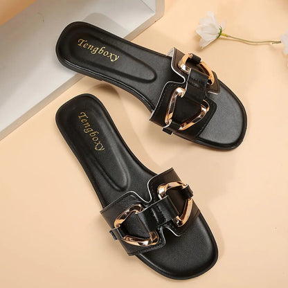 Women's Metallic Buckle Decor Slides, Slip On Lightweight Summer Flats, Solid Color Casual Beach Slides - NEXTRENDBAHRAIN