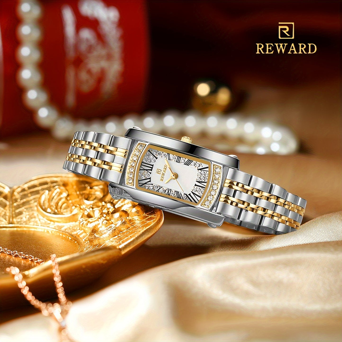 Elegant Golden-Tone Women's Watch - Luxury Retro Rectangle Design with Rhinestone Accents, Stainless Steel Band, Japanese Quartz Movement - NEXTRENDBAHRAIN