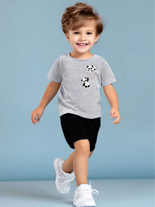 Children's Summer Casual Outfit Set, Panda Print Short Sleeve T-Shirt And Pants, Elastic Waist, Breathable Polyester And Spandex Fabric, Machine Washable, Suitable For 1-8 Years Old Boys - NEXTRENDBAHRAIN