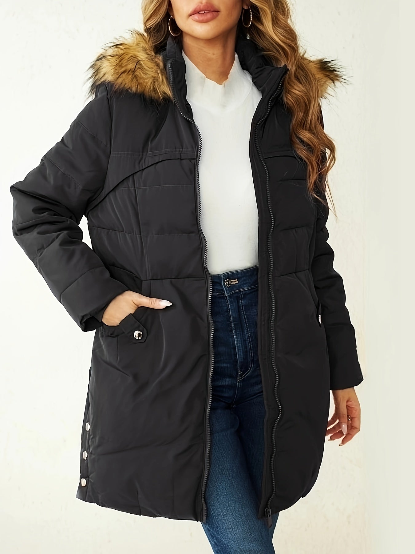 Women's Elegant Long Sleeve Polyester Padded Jacket Coat with Faux Fur Hood, Solid Color, Waterproof Mid-Length Slit Hem Winter Parka NEXTRENDBAHRAIN