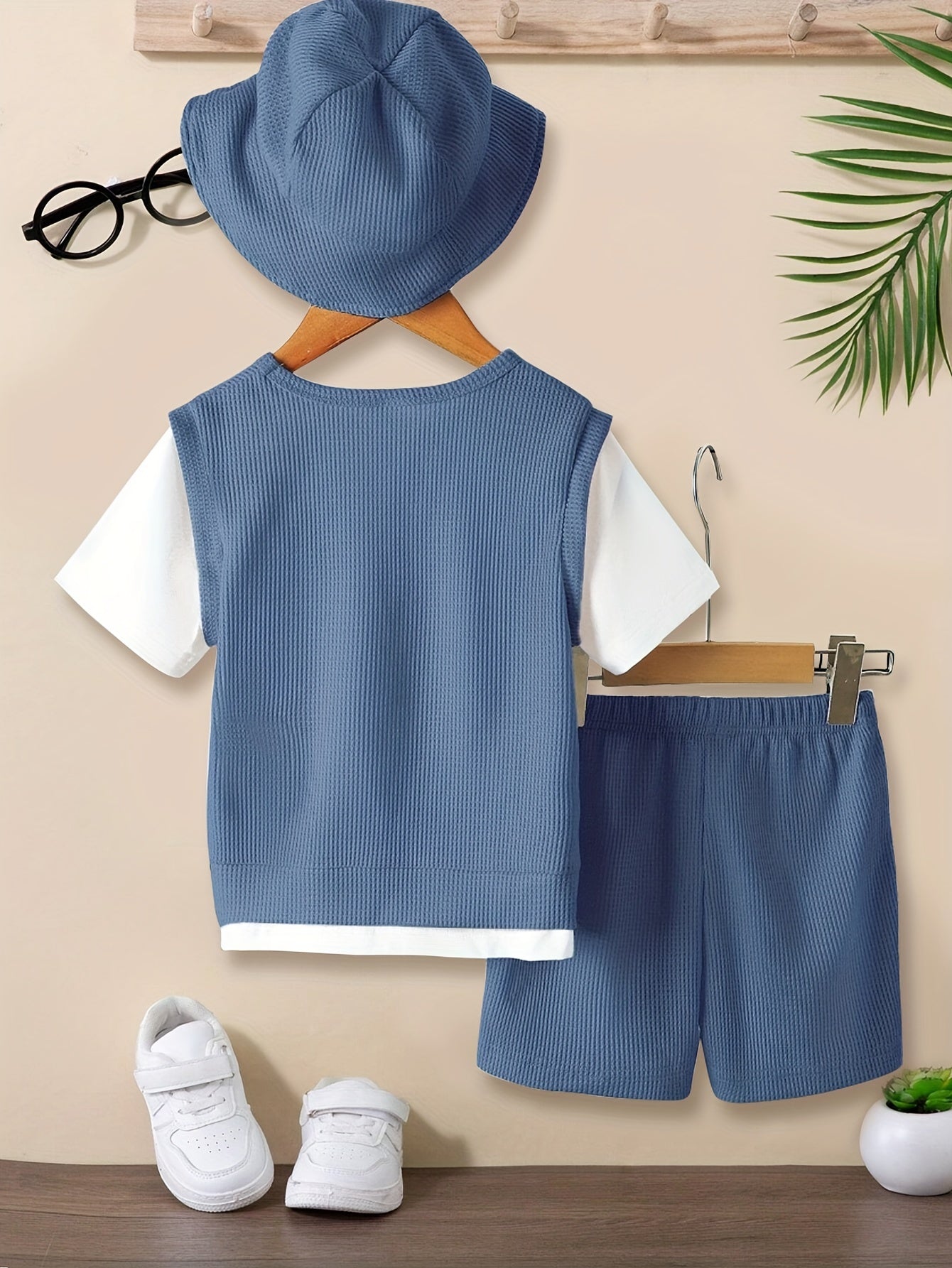 2pcs, Waffle Pattern T-shirt + Comfy Shorts Set For Boys Gift, Summer Clothes - NEXTRENDBAHRAIN