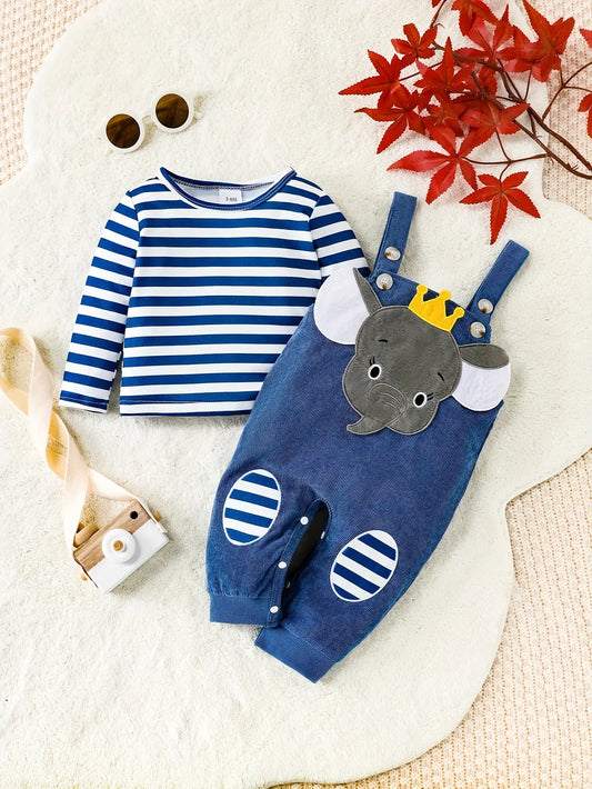 2pcs Baby's Cute Elephant Prince Patchwork Jumpsuit & Casual Striped Long Sleeve T-shirt, Toddler & Infant Boy's Clothing Set - NEXTRENDBAHRAIN