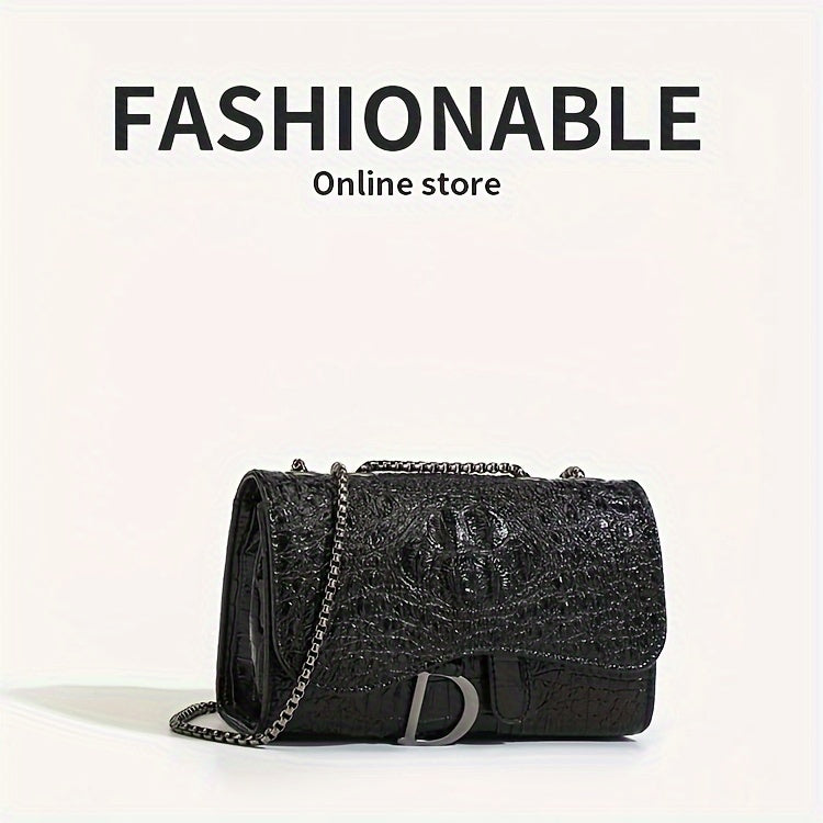 Women's Luxury Handbag, Elegant Crocodile Pattern Square Flap Chain Bag For Daily Use - NEXTRENDBAHRAIN