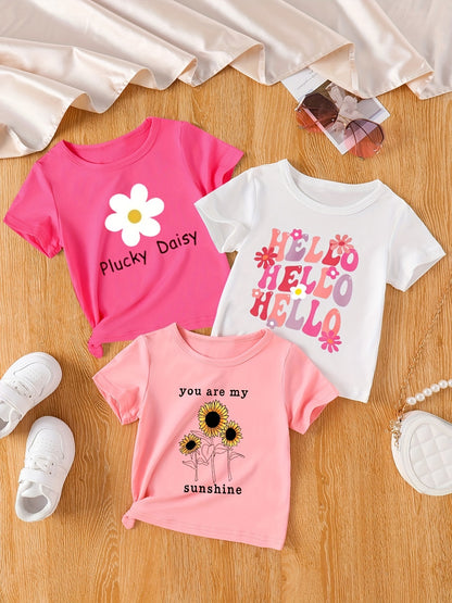 3pcs Baby's Cartoon Girl & Letter Print Crew Neck T-shirt, Casual Short Sleeve Tee, Infant & Toddler Girl's Tops For Summer - NEXTRENDBAHRAIN