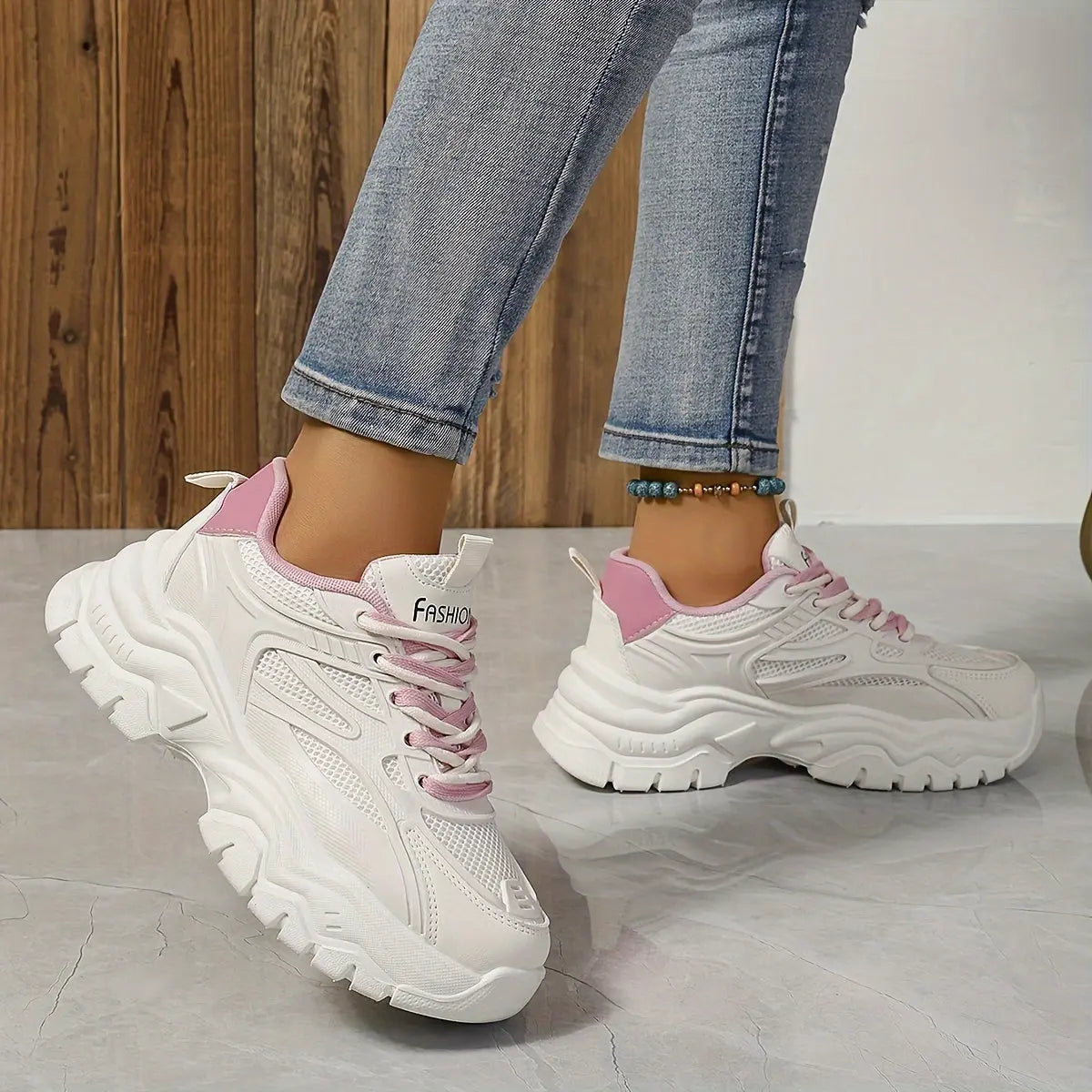 Women's Solid Color Mesh Sneakers, Lace Up Soft Sole Platform Casual Shoes, Breathable Low-top Comfy Shoes - NEXTRENDBAHRAIN