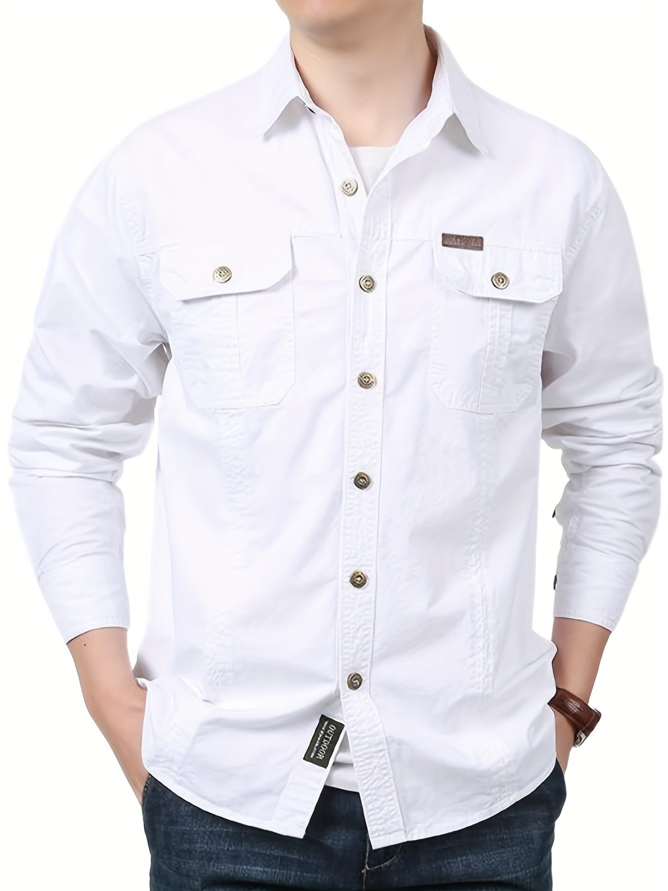 Cotton Comfy Solid Men's Cargo Style Long Sleeve Button Down Shirt With Flap Pockets, Spring Fall Thin Shirt Jacket NEXTRENDBAHRAIN