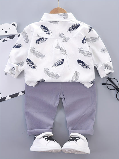 Boys Feather Graphic Patch Pocket Label Long Sleeve Shirt & Trousers Suit, Toddler Baby's Party Casual Clothes - NEXTRENDBAHRAIN