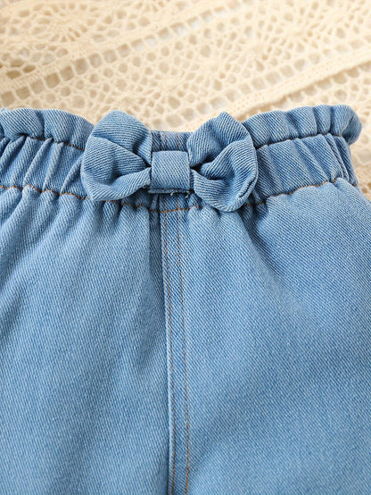 Baby's Trendy Bow Decor Jeans, Elastic Waist Denim Wide Leg Pants, Toddler & Infant Girl's Clothing - NEXTRENDBAHRAIN