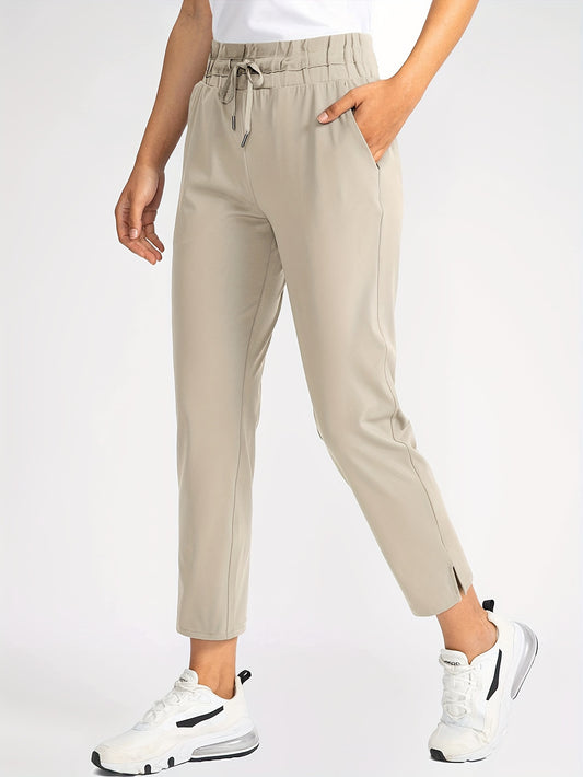 Women's Casual Solid Color Drawstring Trousers, Polyester Stretch Waist, Straight Leg, 9-Inch Length, Pocket Detail, All-Season Fashion Pants for Adults NEXTRENDBAHRAIN