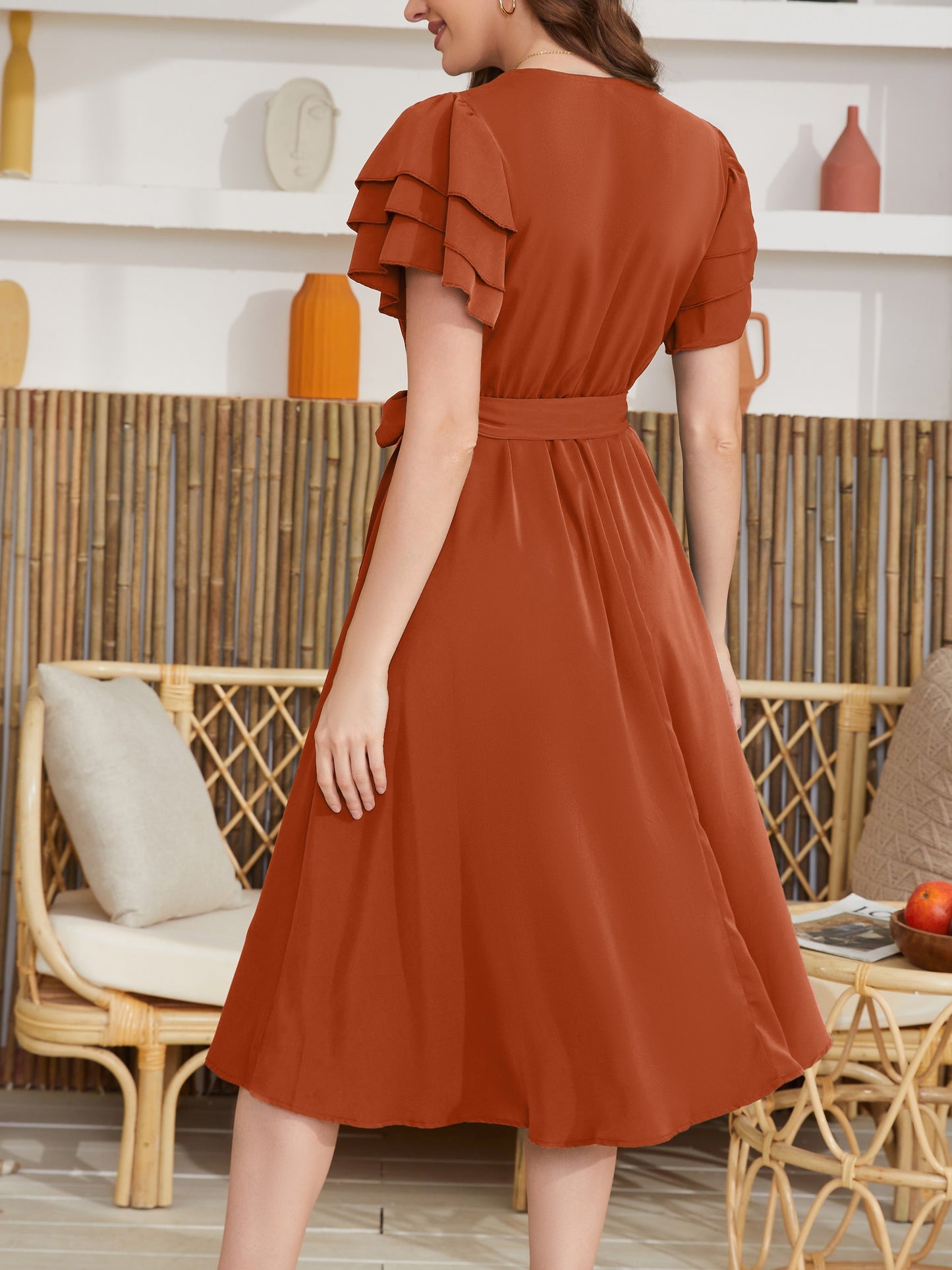 Belted Layered Ruffle Hem Dress, Casual V Neck Short Sleeve Dress, Women's Clothing For Elegant Dressing - NEXTRENDBAHRAIN