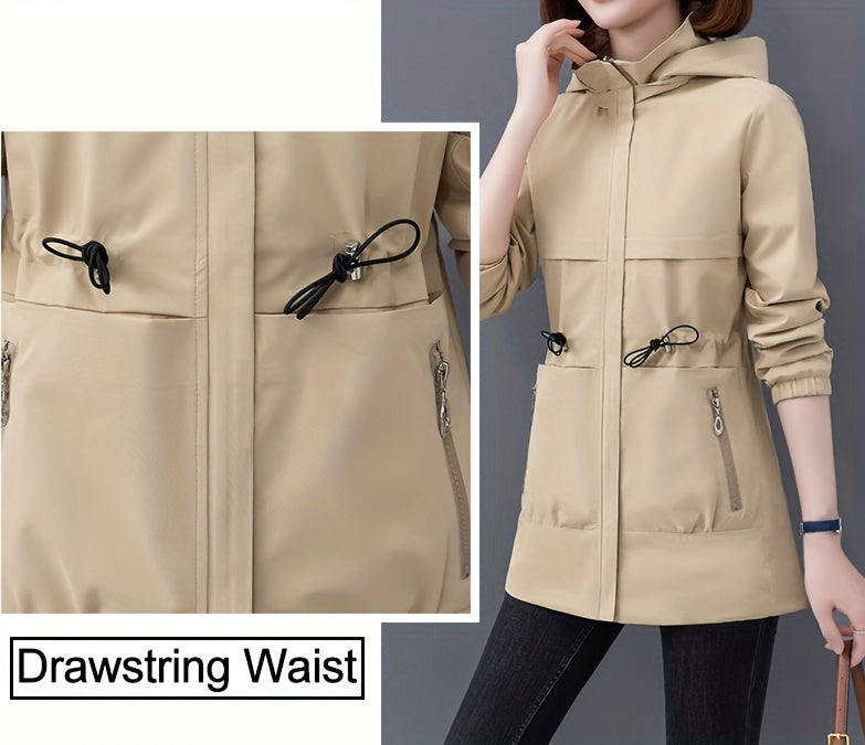 Casual Long Sleeve Drawstring Waist Hooded Zip Up Outdoor Jackets For Women, Two-sided Wear Waterproof And Windproof Coat For Autumn & Winter, Women's Clothing NEXTRENDBAHRAIN