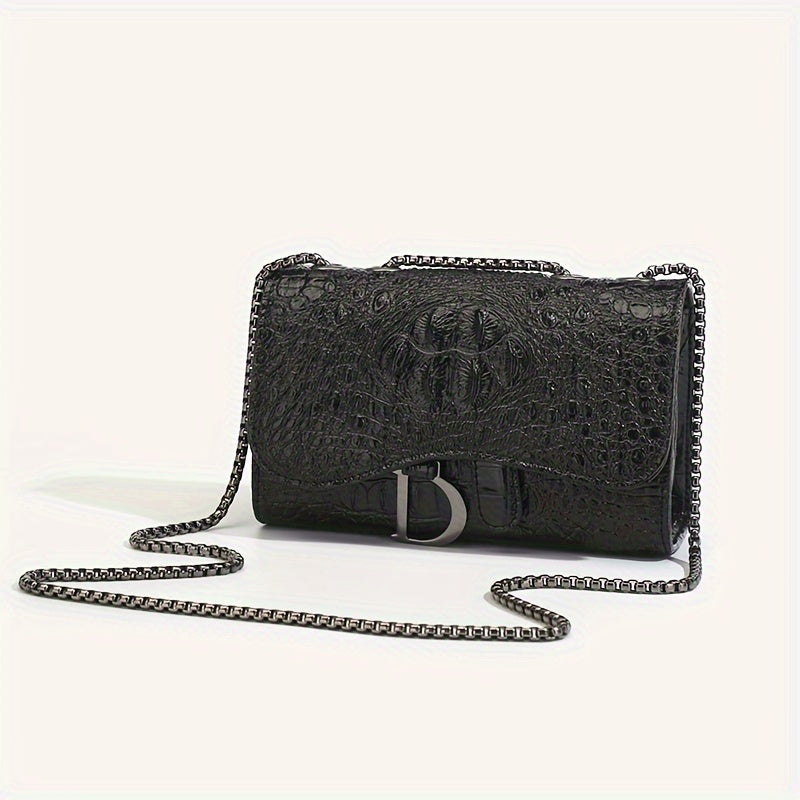 Women's Luxury Handbag, Elegant Crocodile Pattern Square Flap Chain Bag For Daily Use - NEXTRENDBAHRAIN