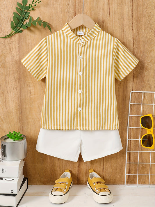 Boys Striped Casual Outfit Short Sleeves Stand Collar Shirt & Shorts Kids Summer Clothes Sets - NEXTRENDBAHRAIN