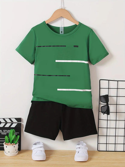 2pcs Boys Casual Striped Short Sleeve T-shirt & Shorts Set, Comfy Summer Boys Clothes - NEXTRENDBAHRAIN