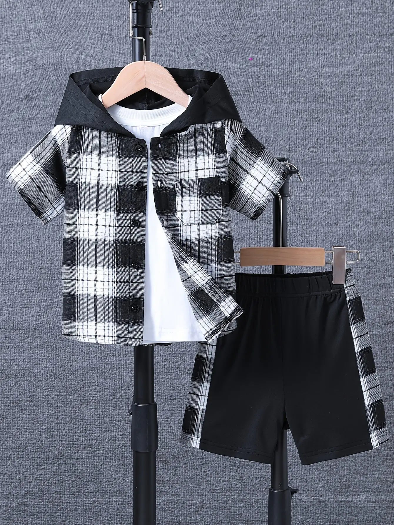 Boy's 2pcs Hooded Shirt & Elastic Waist Shorts Set, Button Front Short Sleeve Top, Plaid Print Casual Outfits, Kids Clothes For Summer - NEXTRENDBAHRAIN