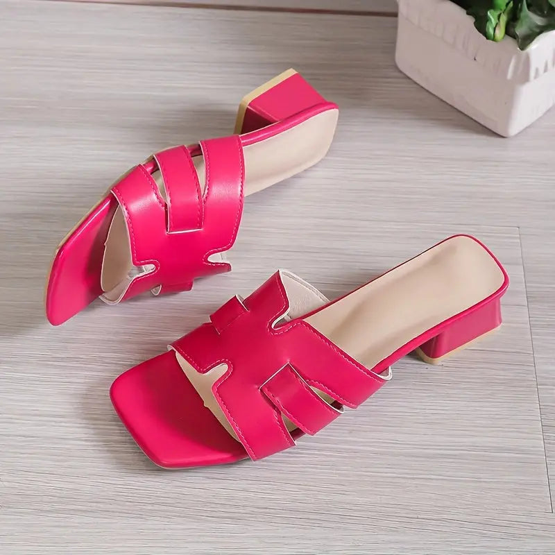 Women's Solid Color Trendy Sandals, Slip On Comfy Chunky Heel Slides Shoes, Versatile Square Toe Shoes - NEXTRENDBAHRAIN