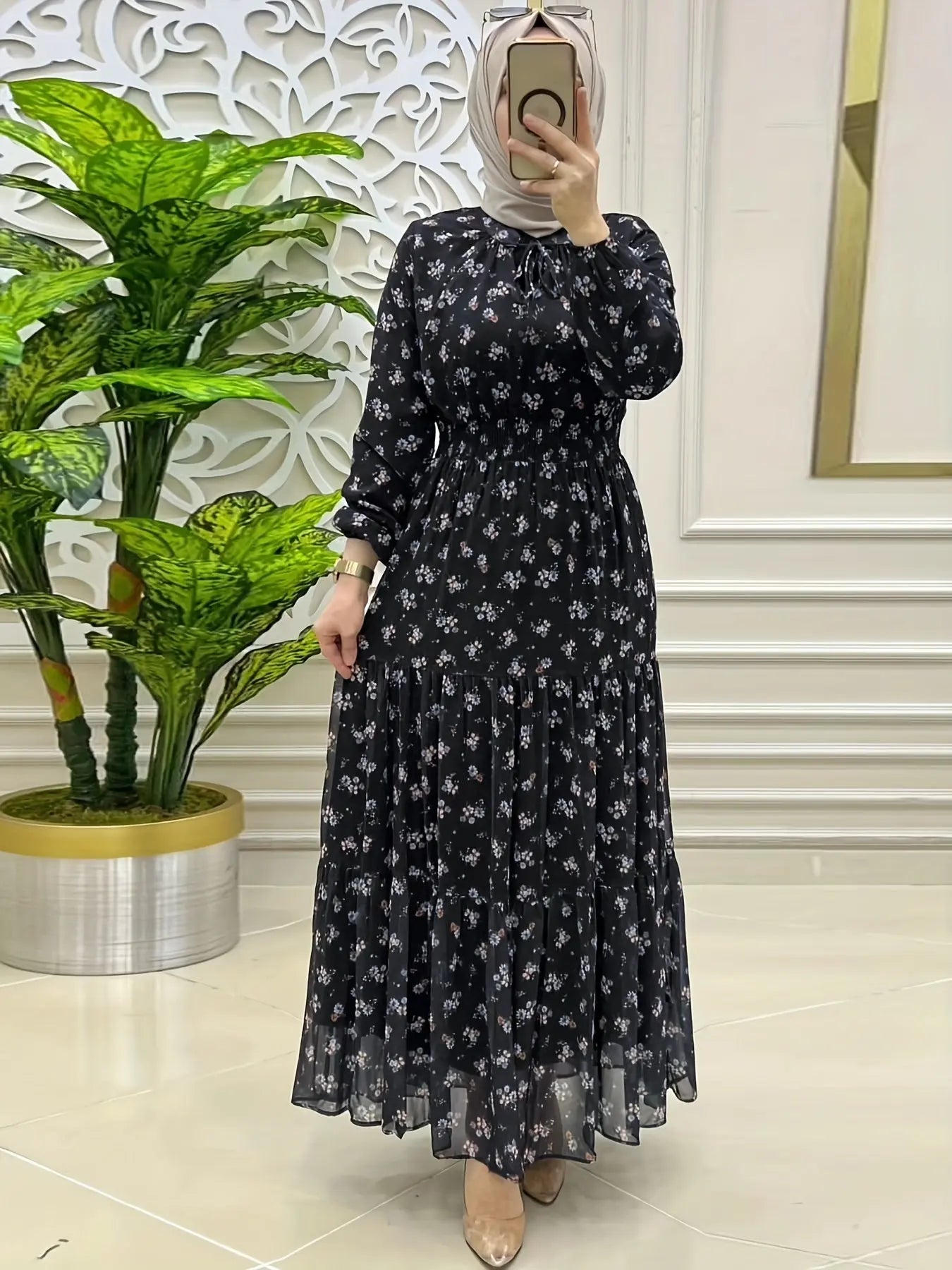 Crew Neck Long Sleeve Abayas Dress, Elegant Shirred Waist Ruffle Hem Maxi Length Dress, Women's Clothing - NEXTRENDBAHRAIN