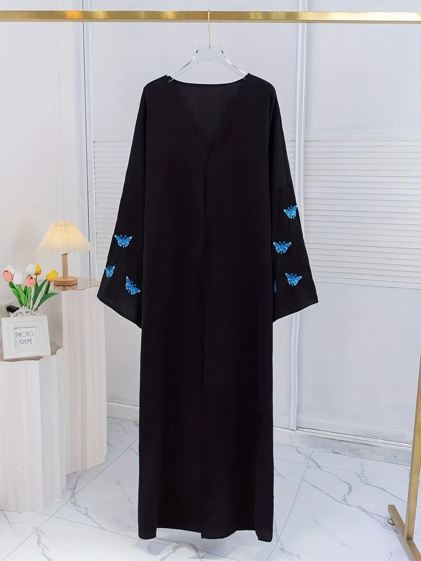 Butterfly Embroidered Long Sleeve Abayas Dress, Elegant V Neck Maxi Length Dress, Women's Clothing NEXTRENDBAHRAIN