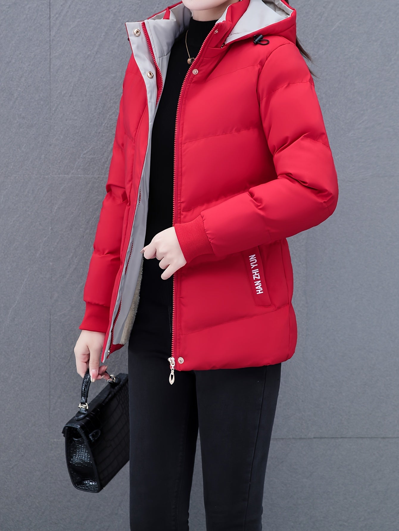 Women'S Puffer Coat, Autumn/Winter Warm Thickened Cotton Jacket, Hooded Sports Style, Solid Color, Zippered, Non-Stretch Fabric, Outdoor Casual Jacket, Polyester (Poly) Material, Woven Knit NEXTRENDBAHRAIN