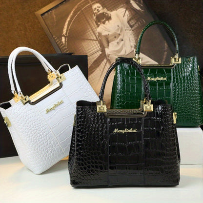 Vintage Crocodile Pattern Tote Bag, Luxury Top Handle Satchel, Women's Casual Handbag & Purse - NEXTRENDBAHRAIN