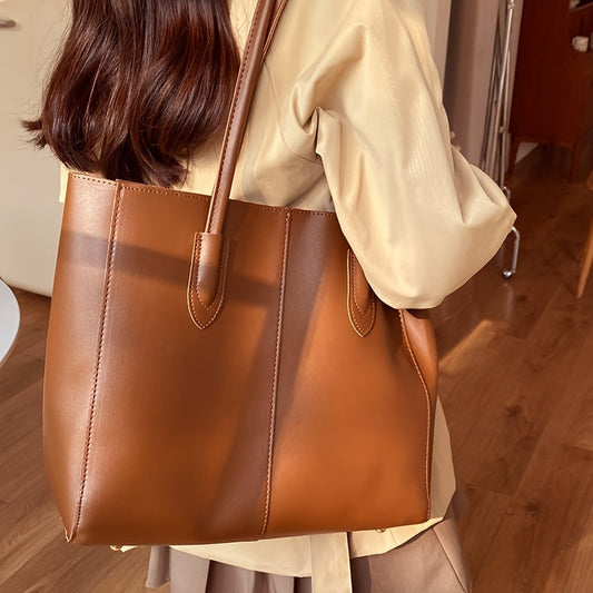 Chic Large Capacity Tote Bag for Women - Vintage Style, Waterproof Faux Leather, Fashionable Shoulder Handbag with Secure Clasp Closure - NEXTRENDBAHRAIN