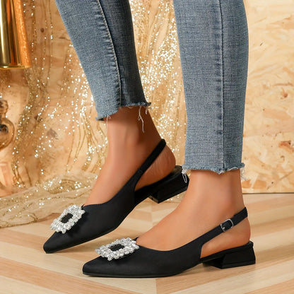 Women's Rhinestone Square Buckle Decor Chunky Heels, Elegant Pointed Toe Ankle Strap Shoes, Women's Slingback Shoes - NEXTRENDBAHRAIN