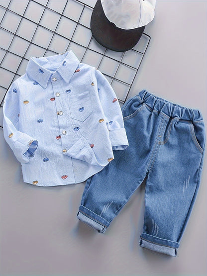 Baby Boy's 2Pcs Cartoon Cars Button Down Shirt & Elastic Pants Set, Toddler Cotton Spring Fall Outfit - NEXTRENDBAHRAIN