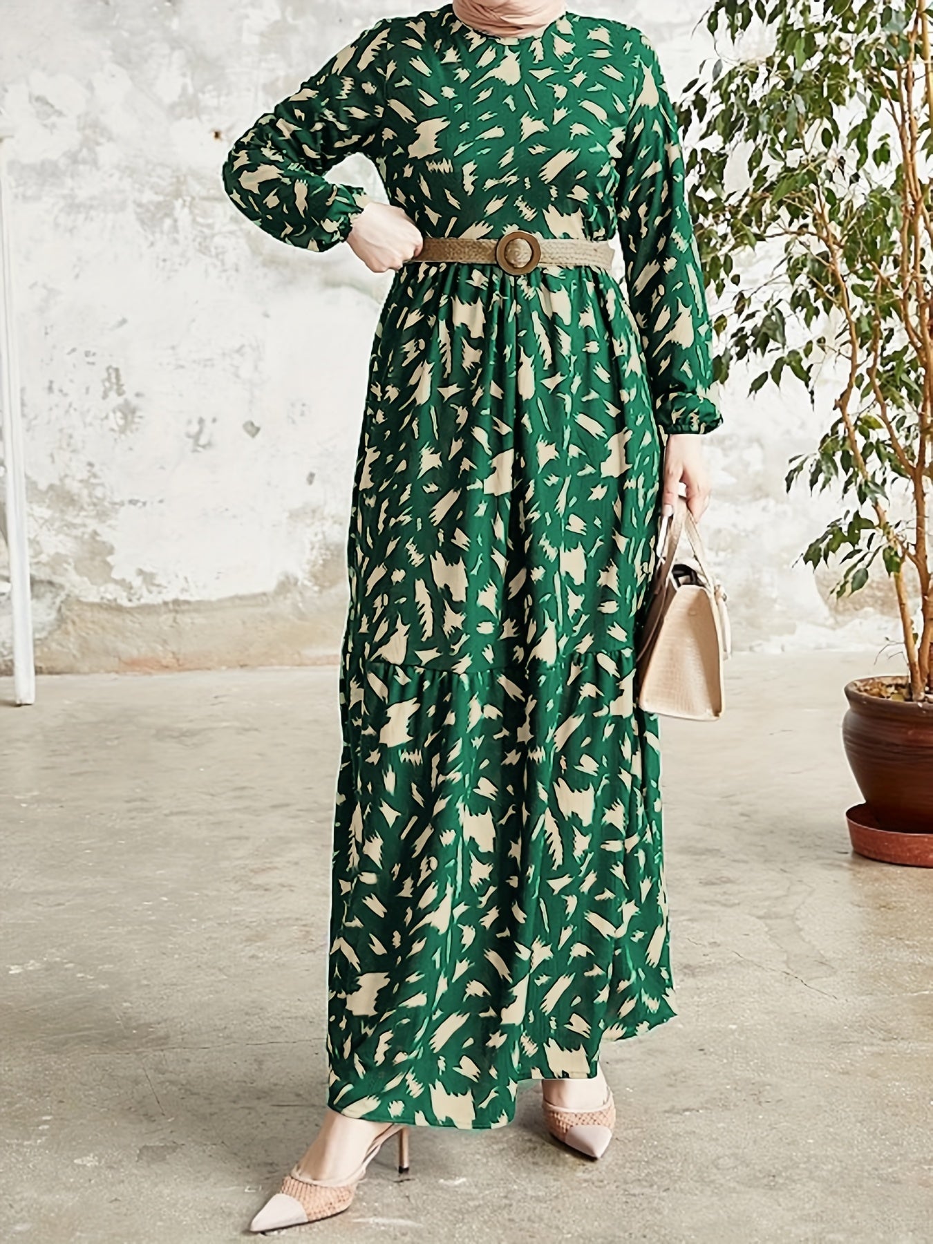 Allover Print Crew Neck Modest Dress, Elegant Long Sleeve Maxi Dress For Spring & Fall, Women's Clothing - NEXTRENDBAHRAIN