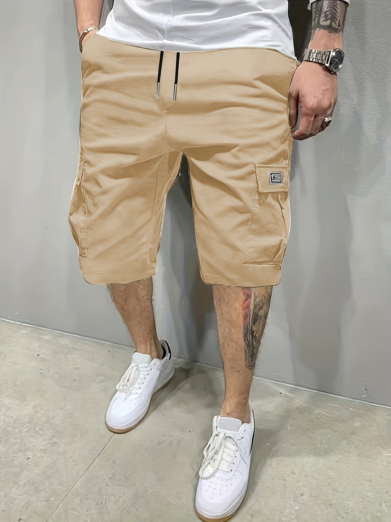 Casual Solid Men's Loose Fit Elastic Waist Cargo Shorts With Side Pockets For Summer Outdoor Leisure And Work - NEXTRENDBAHRAIN