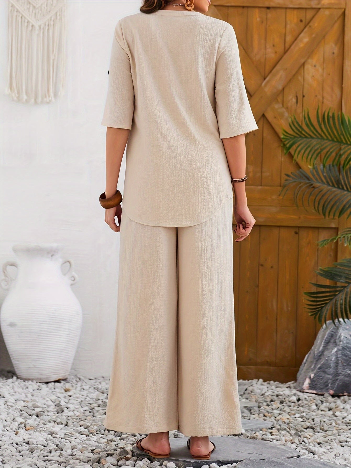 Casual Solid Color Pants Set, Short Sleeve Button Notch Neck Blouse & Wide Leg Pants Outfits, Women's Clothing - NEXTRENDBAHRAIN