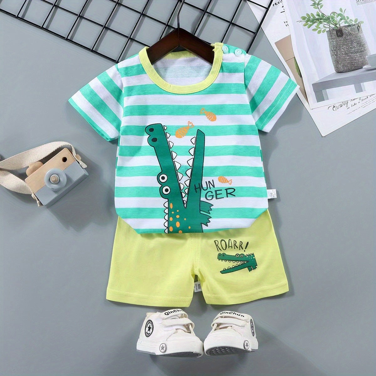 2pcs Boys Casual Cotton Color Block Crocodile Print Short Sleeve Tees & Shorts Set, Summer Kids Outfits - NEXTRENDBAHRAIN