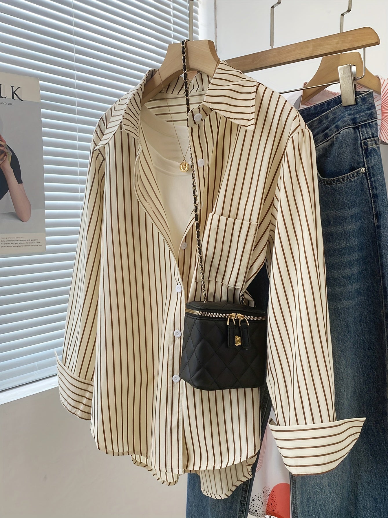 Chic Striped Rayon Blend Shirt for Women - Casual French-Inspired, Loose Fit with Button Detail, Long Sleeve, Machine Washable - NEXTRENDBAHRAIN