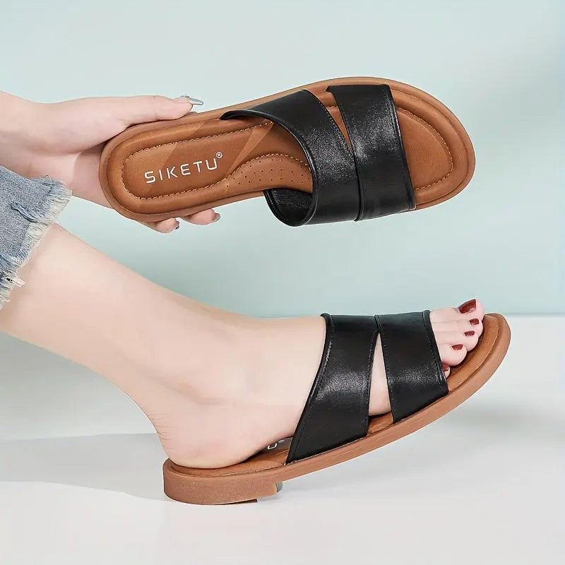 Women's Comfortable Flat Slide Sandals - Casual Open Toe With Ankle Strap, Non-Slip Sole For Summer - NEXTRENDBAHRAIN