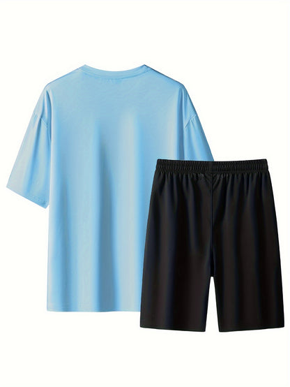 2-piece Set, Men's Casual Crew Neck Comfortable Sports T-shirt And Drawstring Shorts For Summer co ord set - NEXTRENDBAHRAIN