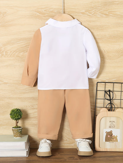 2pcs Baby's Cartoon Bear Embroidery Color Clash Shirt & Casual Pants, Toddler & Infant Boy's Clothing Set For Spring Fall - NEXTRENDBAHRAIN